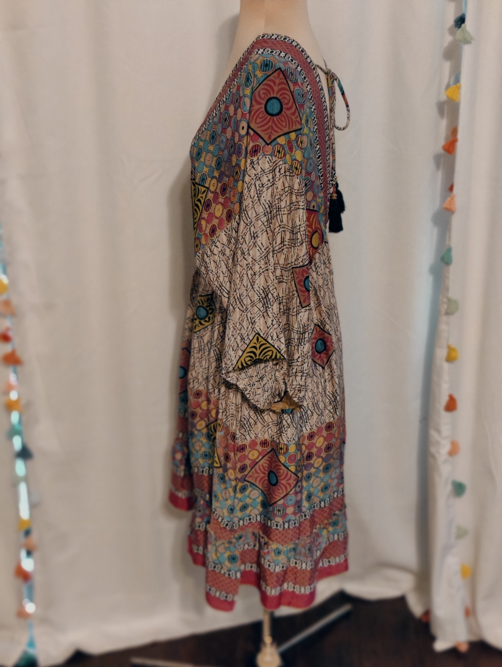 LUZ tribal Silk Kimono Dress deep V bold colors & print Resort Mini S - Picture 3 of 10